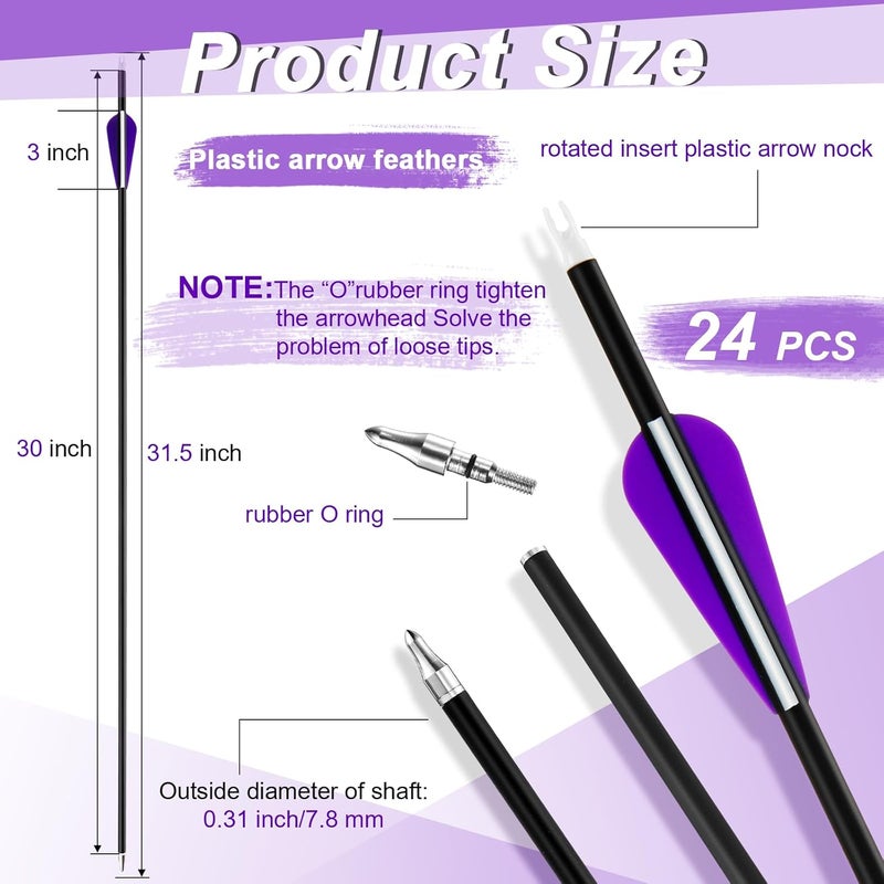 Arrowbash 24 Pcs 31.5 Inch Arrows for Compound Bow Hunting Arrows Carbon Arrows with 3 Inch Plastic Arrow Feathers and Removable Tips 500-600 Spine Archery Target Arrows for Recurve Bow - Image 2